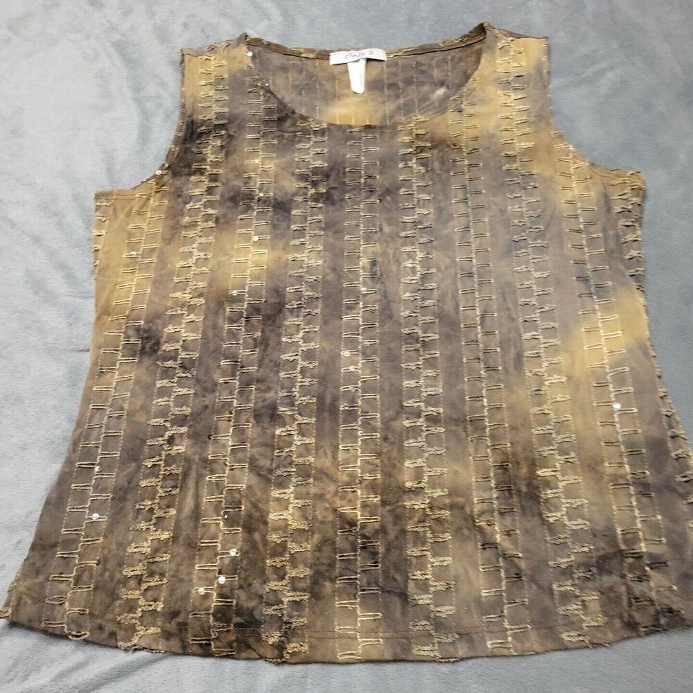 Only 9 Blouse Women XL Sequin Shirt Brown Boho TieDye Sleeveless Comfort Stretch